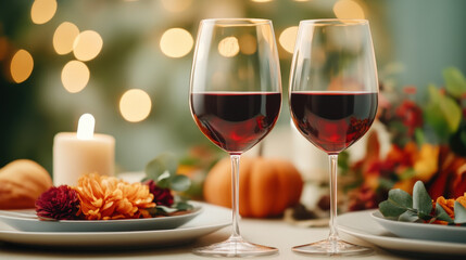 Naklejka premium Crystal wine glasses and red wine bottles adorn a white table setting, perfect for a romantic dinner celebration