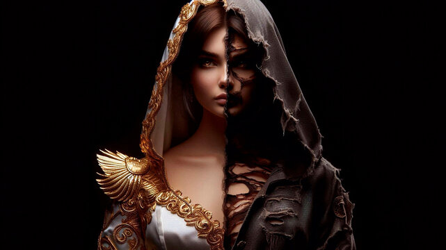 Portrait of a mysterious girl who is both a sinner and a saint. Half of her is dressed in an exquisite dress decorated with gold and silver patterns, while the other half is dressed in torn, dark.