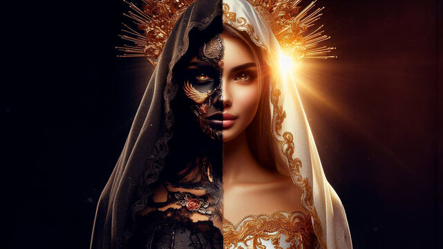 Portrait of a mysterious girl who is both a sinner and a saint. Half of her is dressed in an exquisite dress decorated with gold and silver patterns, while the other half is dressed in torn, dark.