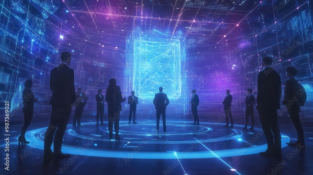 Aufkleber global business summit in virtual reality space diverse avatars networking holographic data visualiz