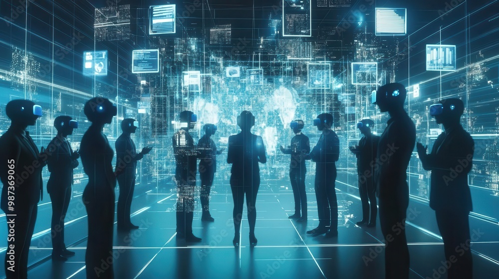 Aufkleber global business summit in virtual reality space diverse avatars networking holographic data visualizations floating between participants futuristic conference room elements