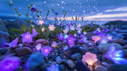 A stunning beach scene illuminated by moonlight, adorned with colorful bellflower stems and glossy pebbles. 