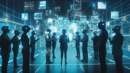 global business summit in virtual reality space diverse avatars networking holographic data visualizations floating between participants futuristic conference room elements