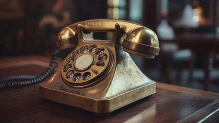 A close-up of a vintage rotary dial telephone with a brass finish, resting on a wooden table, capturing the elegance and craftsmanship of early 20th-century communication devices. 