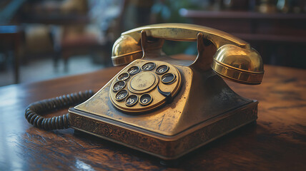 A close-up of a vintage rotary dial telephone with a brass finish, resting on a wooden table, capturing the elegance and craftsmanship of early 20th-century communication devices. 