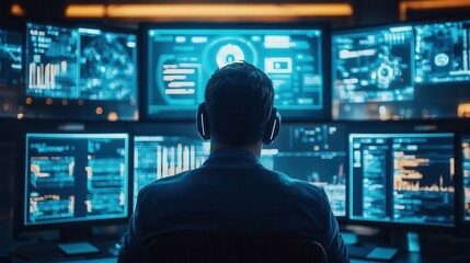 futuristic cybersecurity command center with holographic displays tense expert analyzing data streams neon ui elements reflect on their face