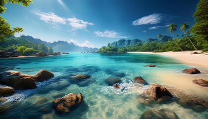 Tropical beach with clear waters and lush greenery under a blue sky