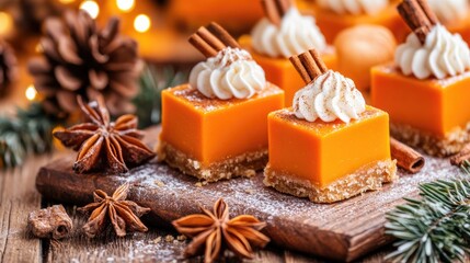 A delightful pumpkin pie sits elegantly on a wooden table, crowned with whipped cream and a sprinkle of cinnamon, inviting you to enjoy a taste of autumn