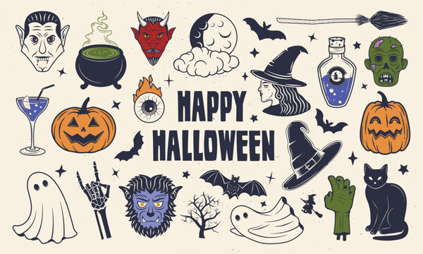 Happy Halloween element background. Vector Collection of spooky ghost, pumpkin, bat, cat, werewolf, zombie, devil, witch, cauldron, potion icons. Halloween elements for decoration, prints, typography.