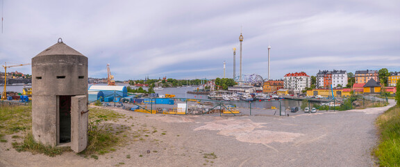 Panorama, the dock island Beckholmen, old  sniper protection bunker, Tivoli apartment houses in the...