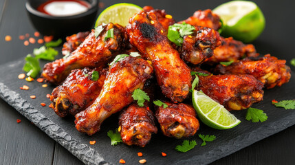 Fototapeta premium Grilled chicken wings with vegetables on a black plate