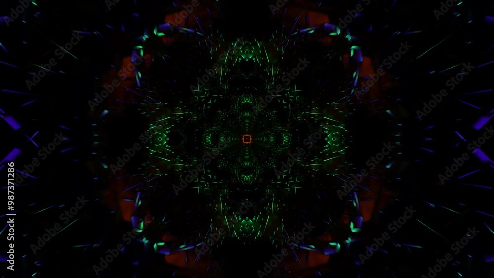 Poster abstract, vibrant visuals flash with futuristic strobe lights in a vj loop.