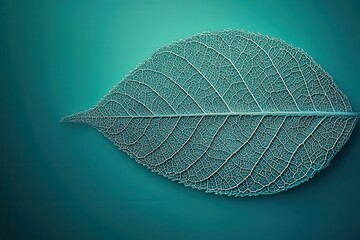 Close-up of teal leaf skeleton on turquoise background