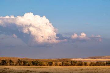 Cumulus clouds over the field and hills.