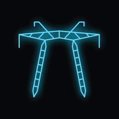 Neon blue icon of an electric pylon with visible cables, glowing on black background