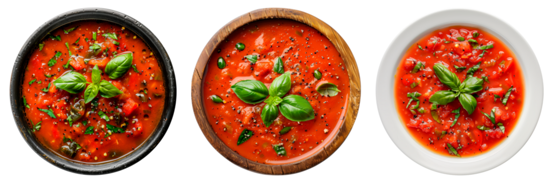 A set of pappa al pomodoro isolated on white or transparent background. Close-up Pappa al pomodoro in a wooden and black plate. Top view. Traditional spanish dish.