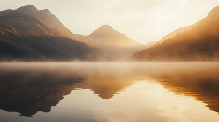 Obraz premium A mountain lake at dawn, with the water perfectly reflecting the surrounding peaks and soft golden light. A light mist rises from the surface, adding a sense of calm and purity.