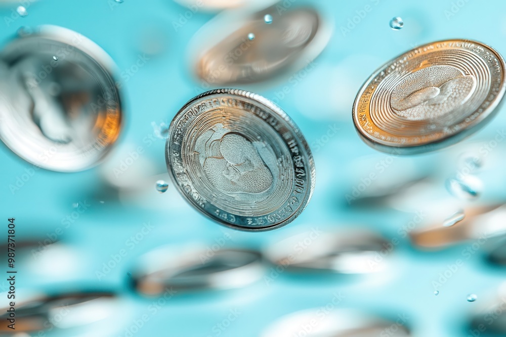 Poster floating silver coins on blue background with depth and dynamics