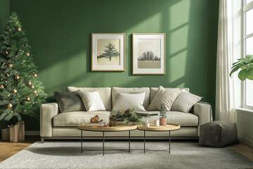A cozy living room with a sofa, a Christmas tree, and decorations on the floor and wall in a dark green color. poster frames are on one of the walls