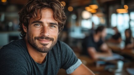 Handsome young man with a friendly smile wearing a casual dark t-shirt sitting in a cozy cafe with blurred background of people