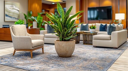 Elegant modern living room with stylish furniture, a central large potted plant, and sophisticated decor in warm, earthy tones and contemporary design