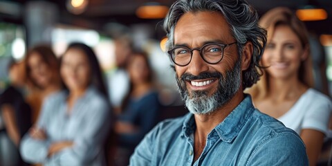 Fototapeta premium A confident man with glasses and a beard, smiling warmly in a professional environment with blurred colleagues standing in the background
