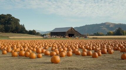 Visitors enjoy a sunny day at a California harvest festival, exploring a lively pumpkin patch filled with pumpkins, cornfields, and mountains in the backdrop.