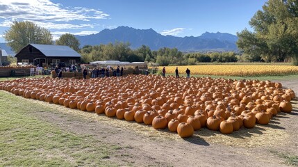 Visitors enjoy a sunny day at a California harvest festival, exploring a lively pumpkin patch filled with pumpkins, cornfields, and mountains in the backdrop.