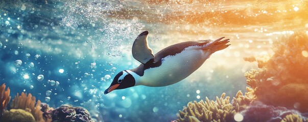 Penguin swimming in clear ocean water.