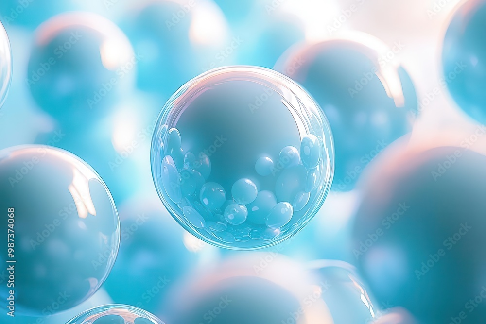 Poster light blue floating bubbles with white reflections on soft background