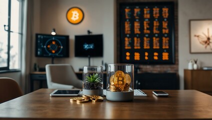 Financial therapist’s office with calming cryptocurrency symbols.