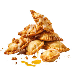 A variety of falling chicken empanadas with golden, flaky crusts on a, white background