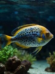 Fish with yellow and blue spots in an aquarium.