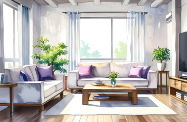 Watercolor Cozy Living Room House