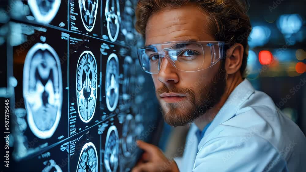 Poster a focused doctor analyzing brain scan images on multiple screens