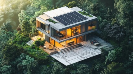 Modern house with solar panels and a large patio in a lush forest setting, with a blueprint underneath.
