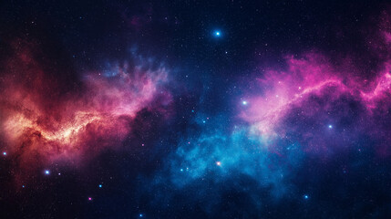 Naklejka premium A colorful galaxy swirling with planets, stars, and nebulae in vibrant hues of purple, pink, and blue.