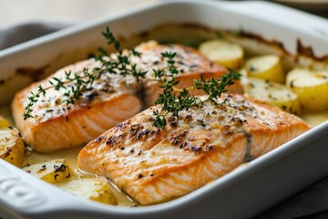 Baked salmon with honey-mustard sauce and potato gratin, ai