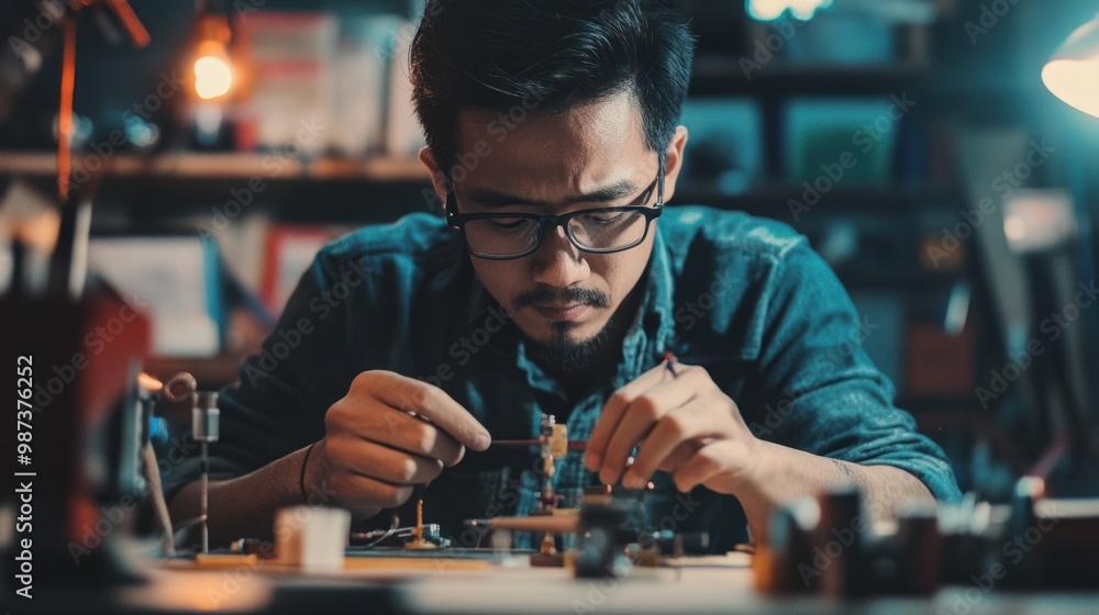 Poster close-up of an asian man engaging in a diy project, focusing on creativity and hands-on expression.