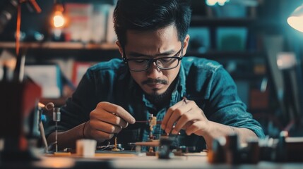 Close-up of an Asian man engaging in a DIY project, focusing on creativity and hands-on expression.