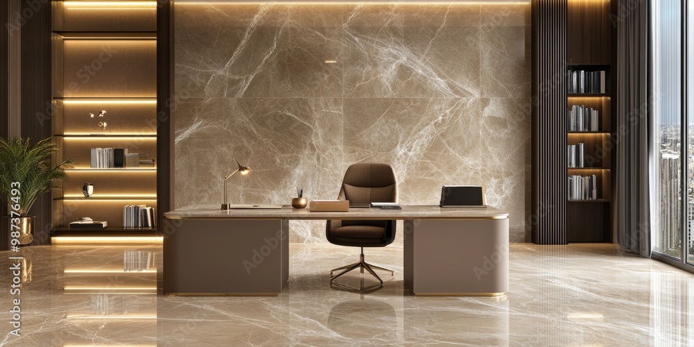 Poster a modern office space with sleek design and elegant features. the stylish desk is complemented by a 