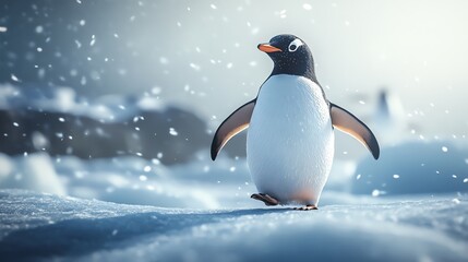 Fototapeta premium Penguin walking on snow in winter landscape