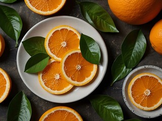 Fresh orange slices on a plate with leaves.