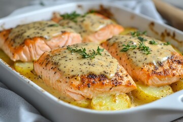 Baked salmon with honey-mustard sauce and potato gratin, ai