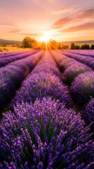 Fototapeta premium Sunbeams illuminate a field of lavender at sunset.