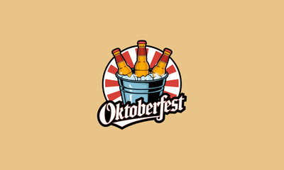 Oktoberfest logo with beer bottles in an ice bucket vector.
