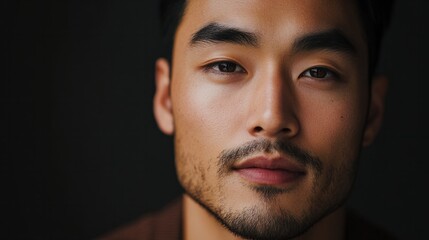 Obraz premium Close-up of an Asian man looking confidently at the camera, embodying self-assurance and positivity.