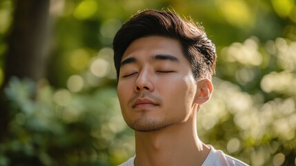 Close-up of an Asian man meditating in a peaceful garden, finding inner peace and clarity amidst nature.