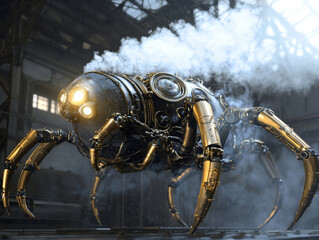 Fototapeta premium A robot with a chain around its neck is surrounded by steam