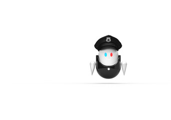 White, black robot police assistant. Glowing eyes. 3d on the topic of police, assistance, law enforcement, assistant, applications, web. Transparent background.